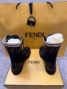 Fendi Rockoko Leather & Knit Combat Boots BRAND NEW!